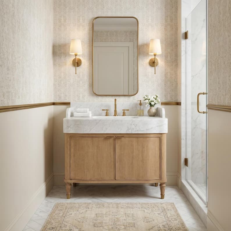 White Oak Wood Bathroom Vanity with Carrara White Marble Sink | Custom Luxury Handmade Single Sink Vanity for Powder Room