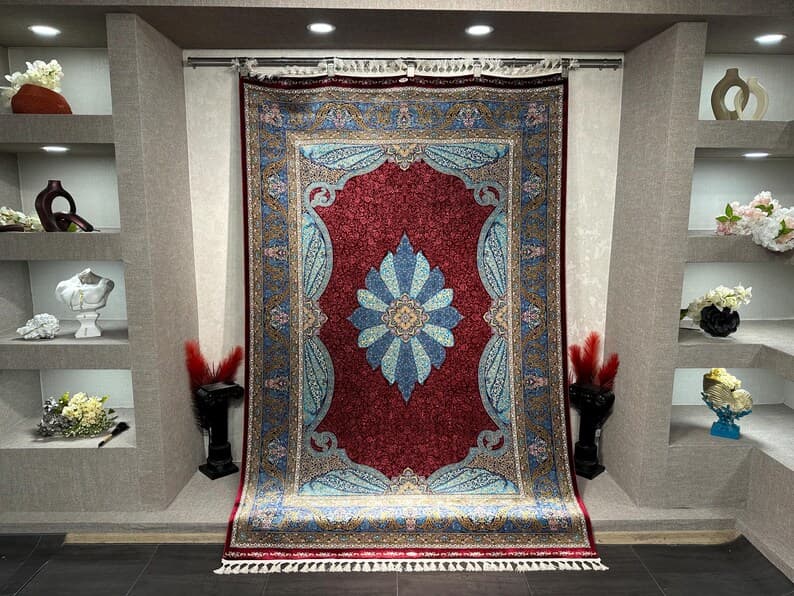 Oriental Red Blue Rug, Bamboo Silk, 5x8 Area Rug