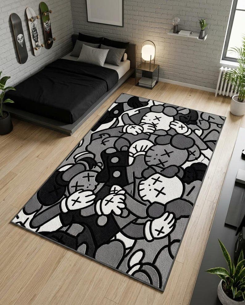 Cartoon Characters Area Rug: Monochrome Graphic Streetwear Hypebeast Decor
