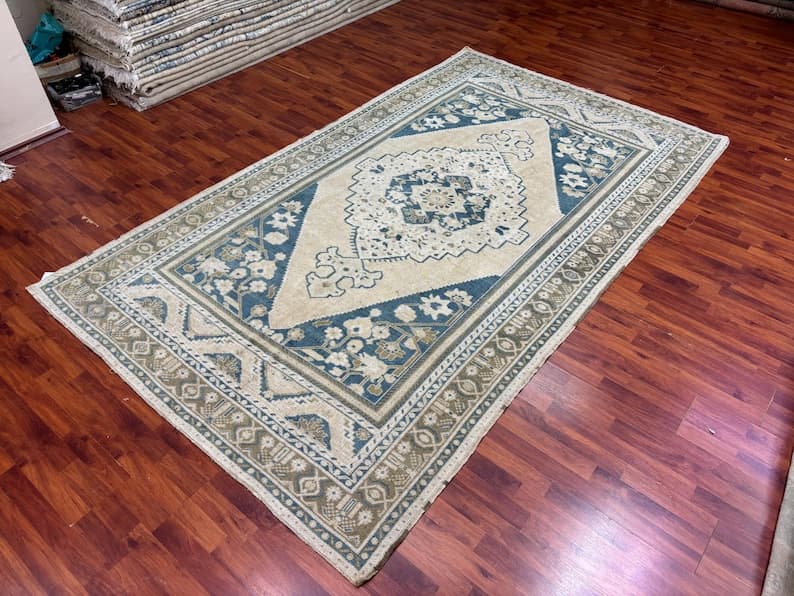 Vintage Turkish Wool Rug, 5x9 ft, Blue Beige Medallion Anatolian Area Rug