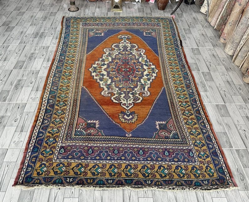 5x8 Vintage Turkish Oushak Rug: Red, Blue & Beige Wool Area Rug