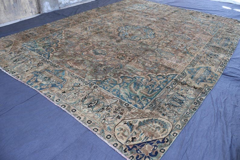 10x13 Antique Rug Large Pictorial Terracotta Rug, Handmade Wool Rug, Geometric Rug, Low pile faded rug, Tribal Rug, Living Room, Bedroom Rug