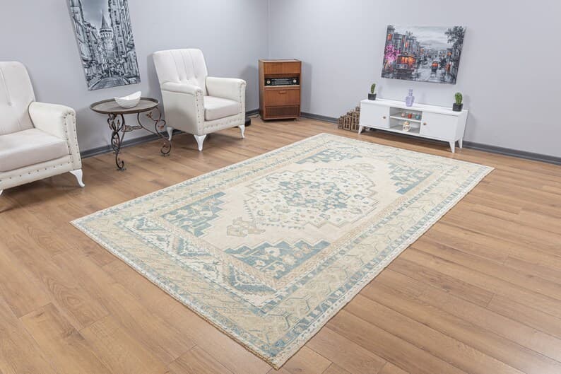 7x11 Vintage Oushak Rug, Handmade Turkish Beige Blue Wool Carpet (6.7x10.6 ft)