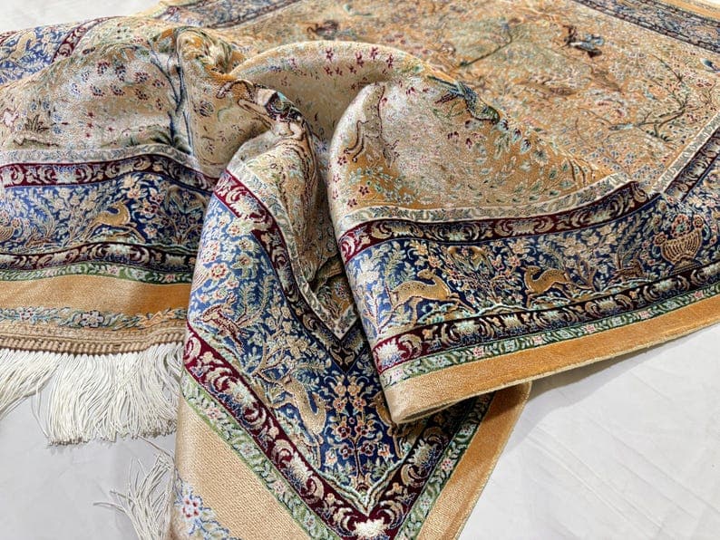 3x5 ft. Animal Silk Oriental Rug, Pictorial Turkish Bamboo Silk Rug, Living Room Decor, Boho Bedroom Rug, Dining Room Area Rug 3’2x4’9 ft