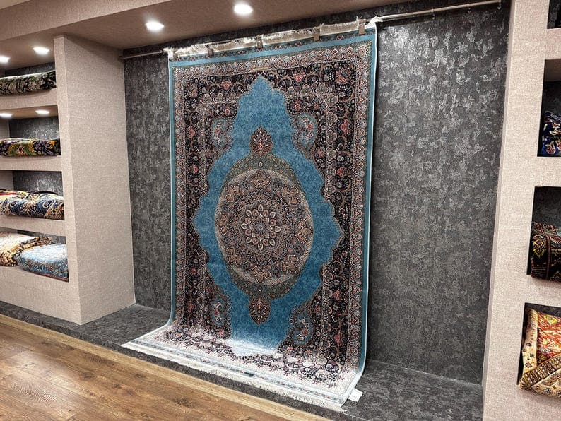Bamboo Silk Rug 5x8: Soft Blue Turkish Style Area Carpet