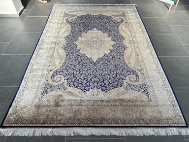 Ivory Blue Persian Silk Rug: 6.56x9.84 ft. Bamboo Palace Carpet