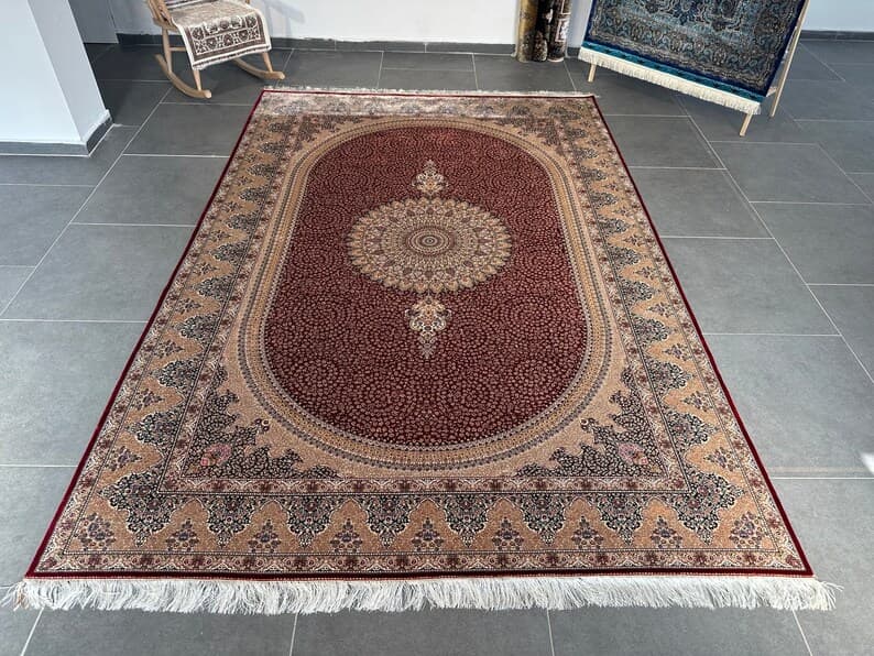 Handmade Red Persian Silk Rug: 6.56x9.84 ft Bamboo Silk Carpet