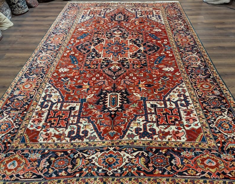 Persian Heriz Rug 8x12, Hand-Knotted Wool Carpet