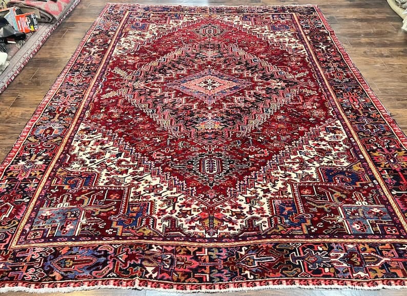 Persian Heriz Rug 9x11 ft, Geometric Rug 9 x 11, Red Room Sized Semi Antique Vintage Wool Hand Knotted Oriental Carpet