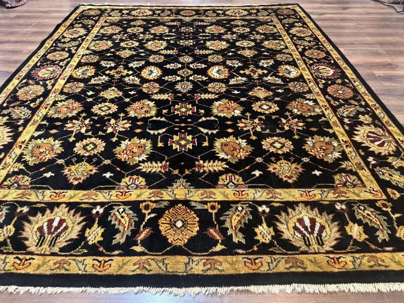 Indo Persian Mahal Rug 8x10, Black and Gold, Wool Hand Knotted Oriental Carpet