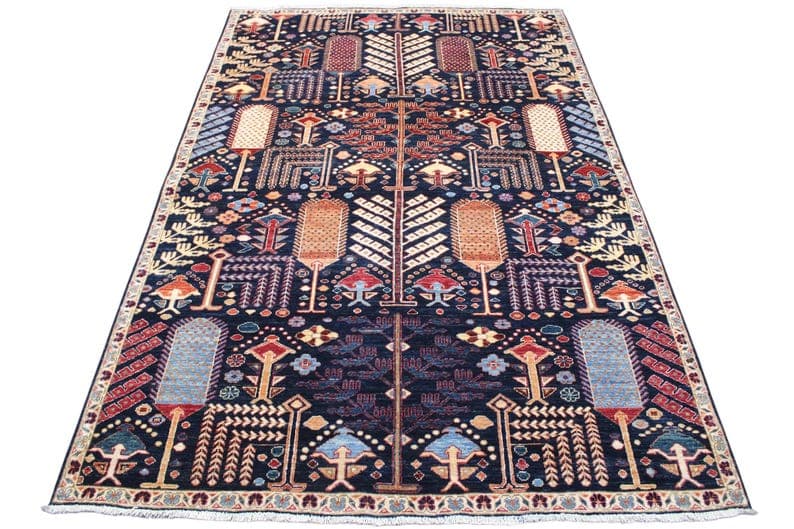 5x8 ft Navy Cypress Tree Rug: Hand-Knotted Afghan Wool Oriental Rug