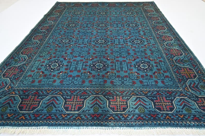 Hand Knotted Wool Rug, Vintage Afghan Tribal Geometric, 7x5ft Blue Turkmen Style Home Decor