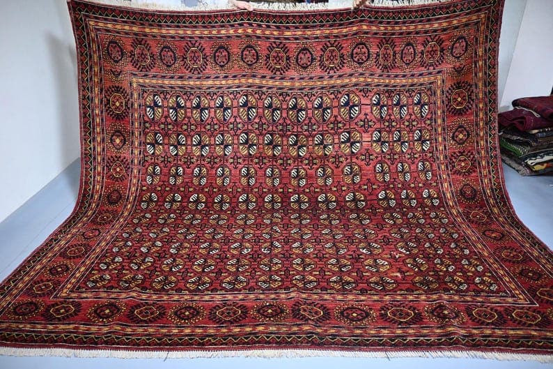 Afghan Burgundy Bukhara Wool Rug, Hand-Knotted, 233 x 275 cm, Geometric