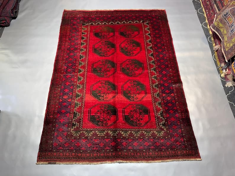 6x8 Vintage Red Afghan Bukhara Rug, Hand-Knotted Wool Rug, Geometric Elephant Foot Design Rug, Kitchen Rug, Turkmen Tribal Rug, Bedroom Rug