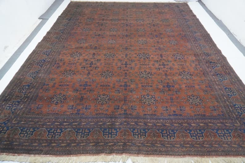 9x12 Large Terracotta Afghan Rug 9'2x11'9" Vintage Bukhara rug/ Handmade Wool rug Oriental Rug/ Turkmen Tribal Fine Area Rug Living Room Rug