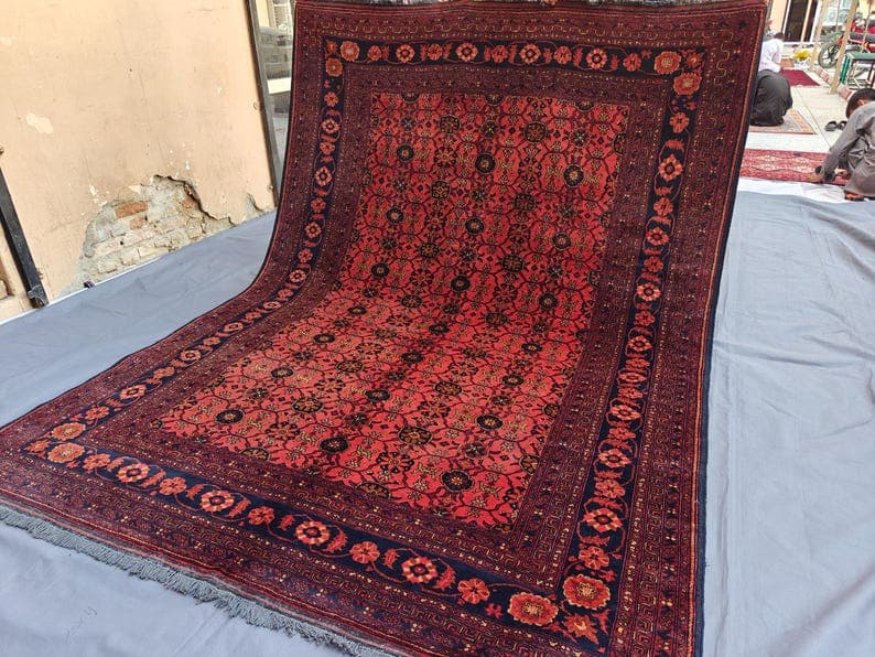 1920s Antique 7x9 Turkmen Tribal Bukhara Rug, Afghan Handmade Low Pile Wool Rug, Distressed Faded Rug, Large Oriental Rug, Living Room Rug