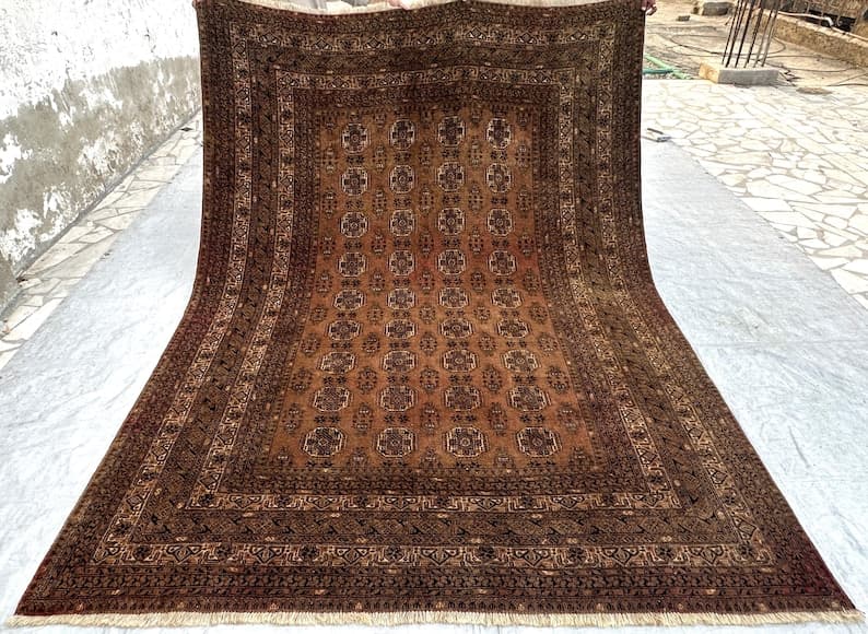 7x9 ft Large Vintage Rug, Terracotta Rug, Turkmen Famous Zer Khaki Rug, Handmade Wool Rug, Oriental Bedroom Rug, Tribal Rare Rug 6'7x9'3 ft