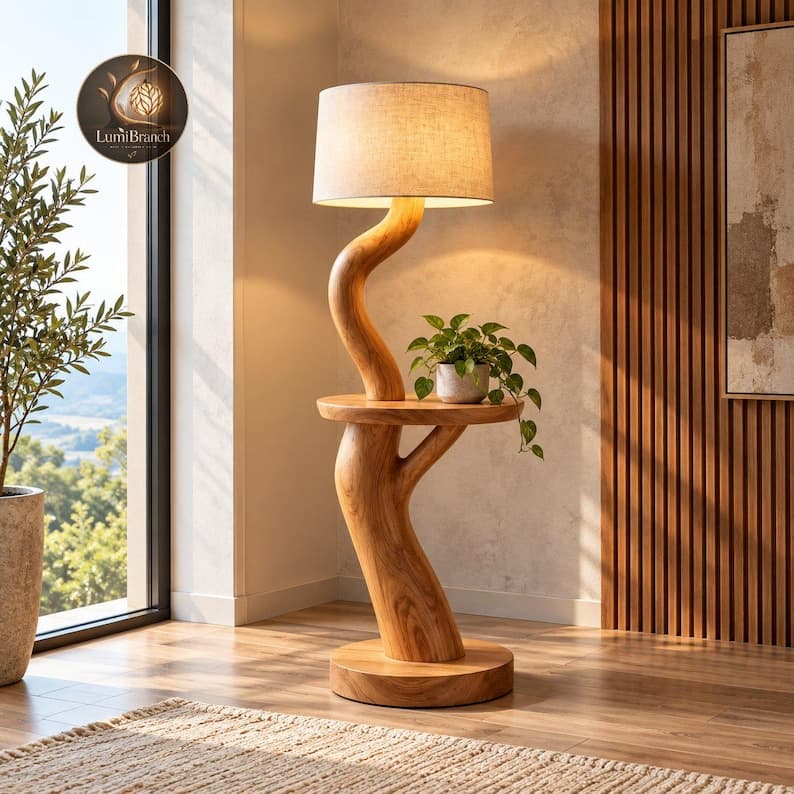 Sculptural Wooden Floor Lamp with Shelf Modern Curved Wood Standing Lamp Handmade Statement Light Living Room Reading Lamp