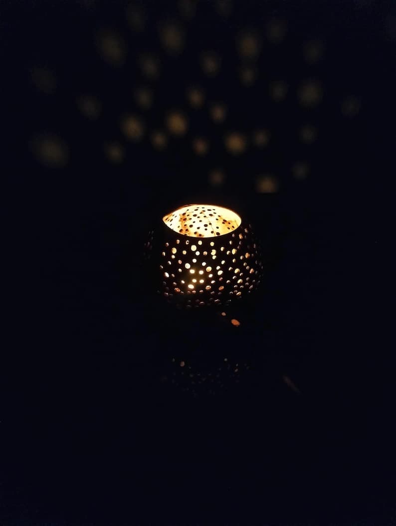 Handmade Coconut Shell Candle Holder Starry Night Carved Tealight Shadow Lantern Boho Table Decor