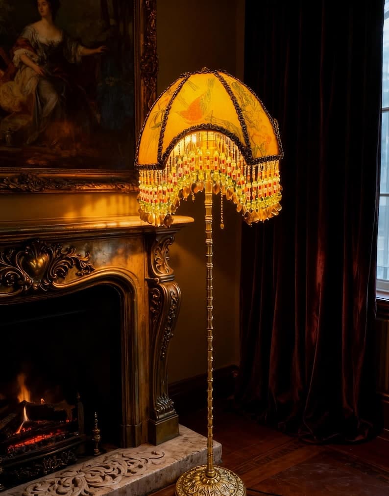 Handmade Vintage Floor Lamp: Brass, Floral Shade & Shell Tassels