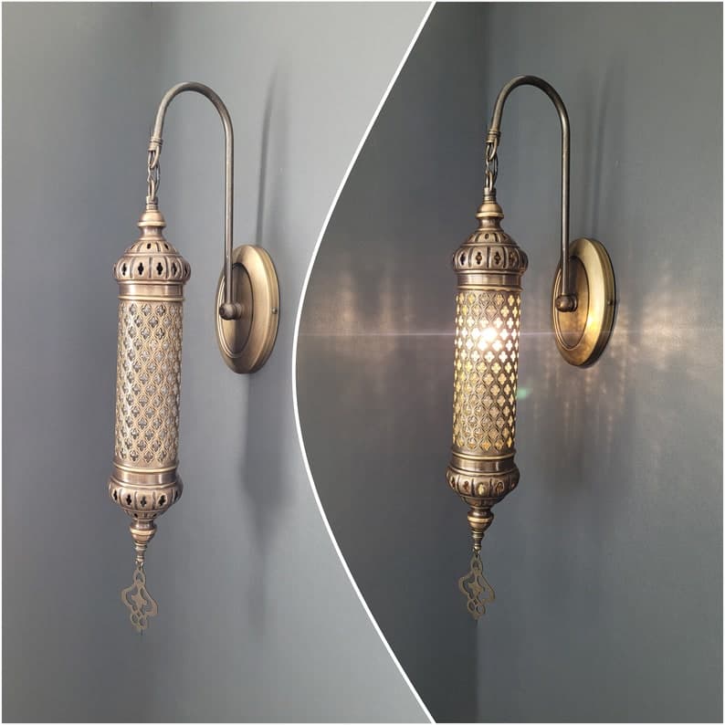 Free UK/EU Led Bulb, Turkish Wall Sconce Lamp, Moroccan Wall Lamps, Cylinder Brass Finish Wall Light, Sconce Lighting, Plug In Wall Light