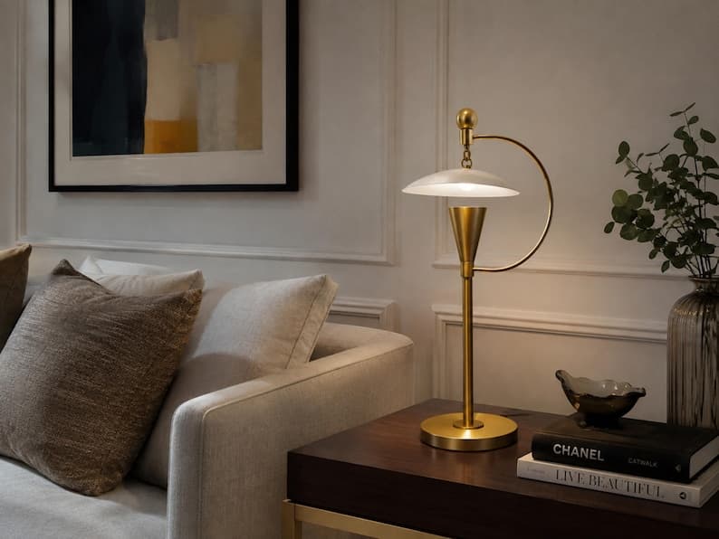 Mid-Century Modern Brass Table Lamp • Italian Design • White Bedroom & Office Light