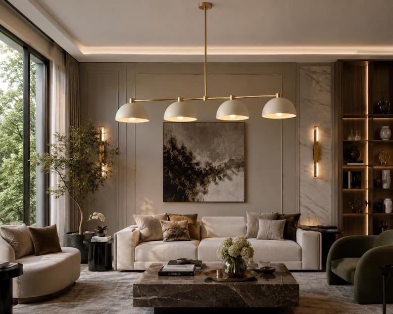 Handcrafted Brass Linear Pendant – 4-Light Mid Century Modern Chandelier for Dining Table