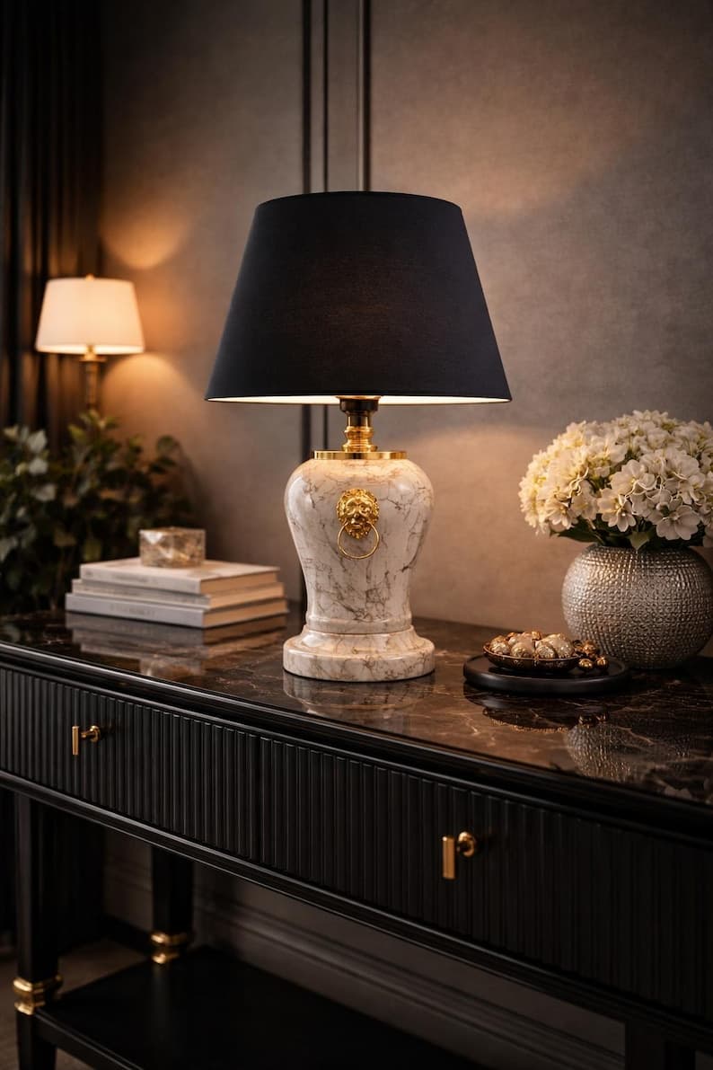 Luxury White Marble Ceramic Table Lamp with Black Shade – Elegant Bedside Lamp, Modern Classic Home Decor, Designer Lighting