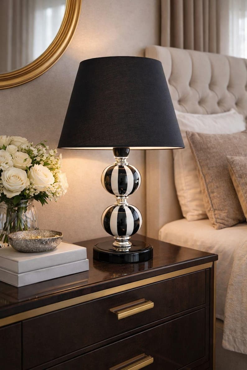 Black White Striped Ceramic Table Lamp 48 cm, Modern Luxury Bedside Lamp with Black Shade, Designer Nightstand Lamp, Hotel Style Desk Lamp