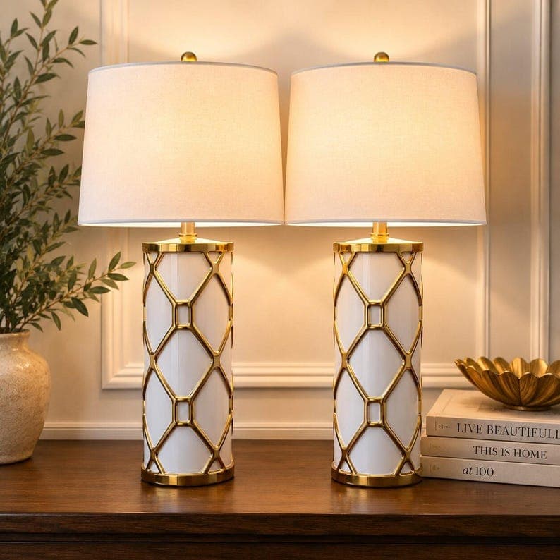 Pair Telbix Vilma White and Gold Ceramic Table Lamps w/ Fabric Shades 26" Tall