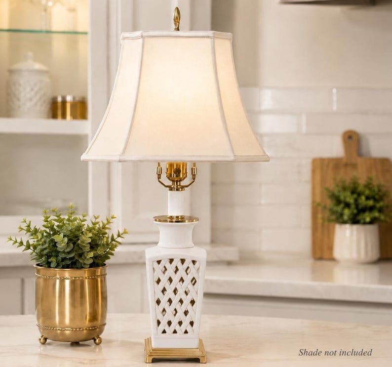 Hollywood Regency Style, Lattice Cutout, White Ceramic Table Lamp, Brass Tone Base