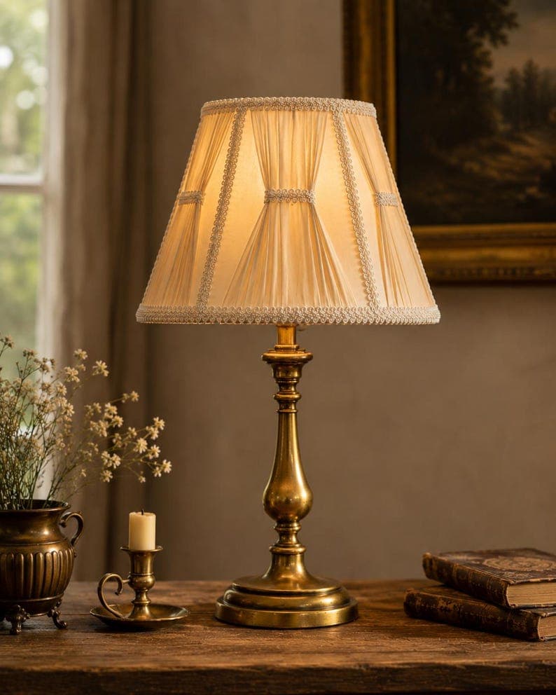 Vintage Pleated Lampshade | Cream Fabric Lamp Shade | Cottage Chic Lamp Shade | French Country Decor | Vintage Lighting