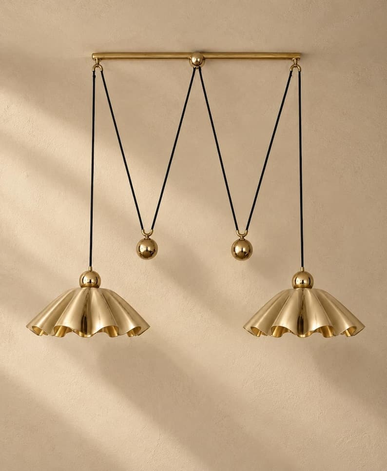 Brass Chandelier Pendant Light, Scalloped Ruffle Ceiling Fixture, Mid Century Modern Dining Room Light, Kitchen Island , Vintage Brass Decor