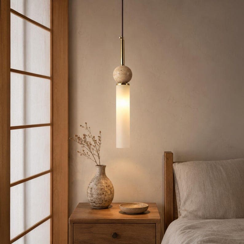Natural Stone Pendant Light Wabi-Sabi | Japandi Minimalist Ceiling Lamp | Bedroom Living Room Entryway Lighting | Boho Zen Hanging Lamp