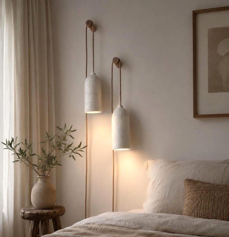 Size L Japanese inspired wall lamp with fixture and wall mount, handmade plastered structure lamp, organic shaped