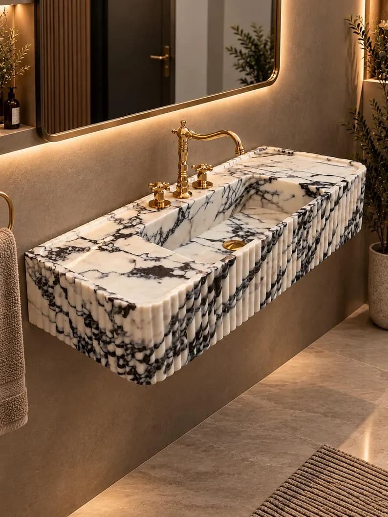 Calacatta Viola Marble Sink | Hand-Carved Ribbed Stone | Vanity or Wall-Mounted Sink | Custom Sizes Available