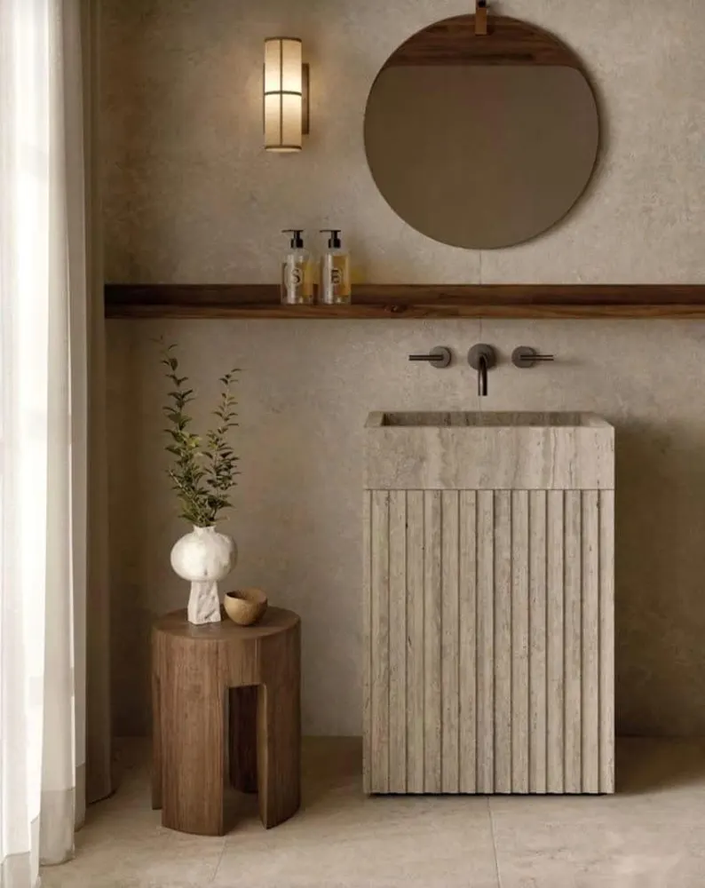 Travertine Pedestal Sink, Special Design Hand-Made Carved Marble Bathroom Sink Natural Stone