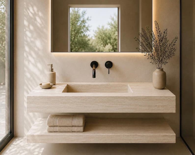 Handmade Travertine Floating Sink Vanity, Light Stone Wash Basin with Shelf