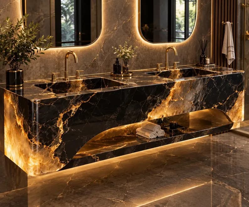 Bathroom Vanity, Floating Double Sink – Portoro Gold Marble (2550mm)