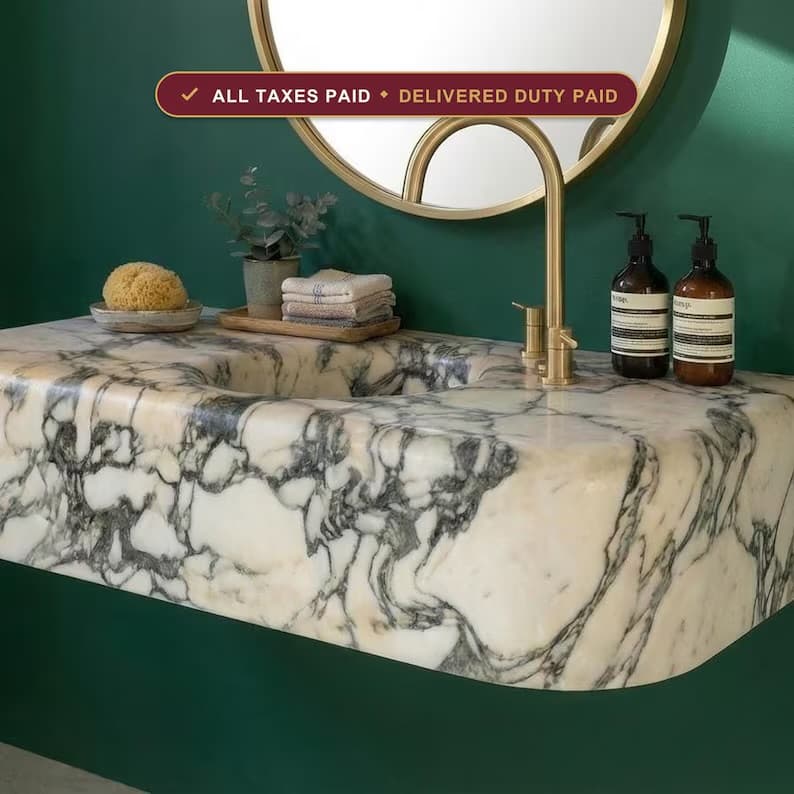 Handcrafted Calacatta Marble Floating Sink-Wall Mounted Stone Vanity-Luxury Powder Room Basin-Custom Stone Washbasin-Rounded Edges