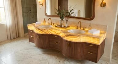 Luxury Onyx Bathroom Vanity | Backlit Stone Double Sink Cabinet | Handmade Walnut Wood Vanity | Custom Spa Bathroom Furniture