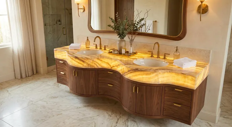 Luxury Onyx Bathroom Vanity | Backlit Stone Double Sink Cabinet | Handmade Walnut Wood Vanity | Custom Spa Bathroom Furniture