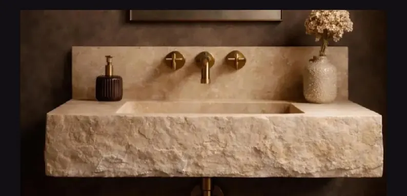 Natural Travertine Wall Mounted Sink – Custom Stone Bathroom Washbasin with Hand-Carved Split-Face Finish