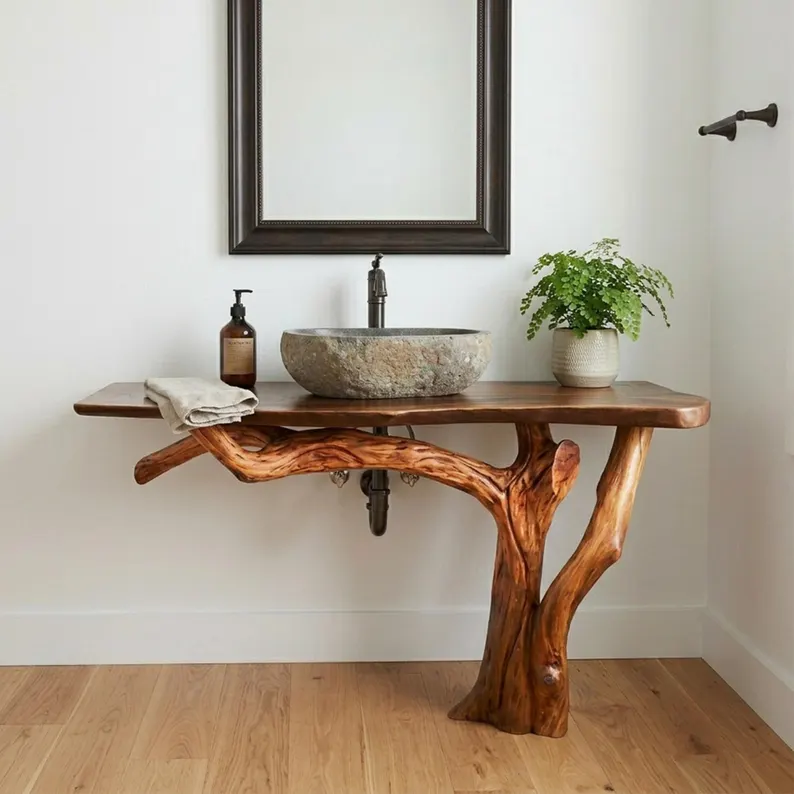 Live edge bathroom vanity table rustic unique solid wood entryway side table art decor