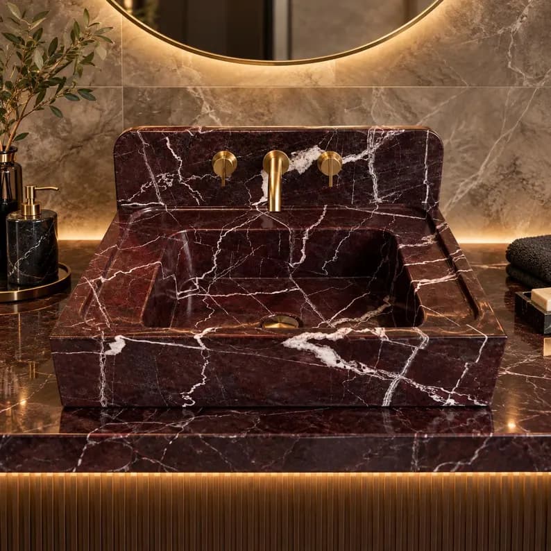Rosso Levanto Marble Sink, Luxury Bathroom Vanity Sink, Handmade Natural Stone Vessel Sink, Red Marble Wash Basin, Handmade Vanity Sink