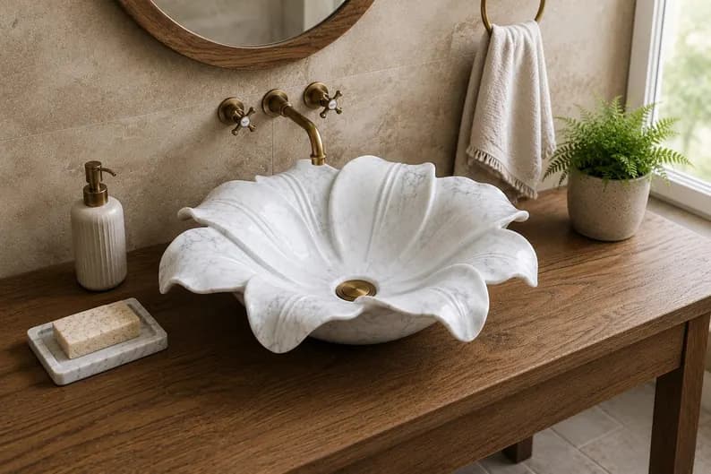 Hand Carved White Marble Flower Vessel Sink, Sculptural Stone Basin, Luxury Bathroom Vanity