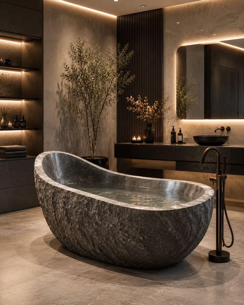 Natural Stone Boulder Bathtub, Rough Hewn Freestanding Soaking Tub, Rustic Spa Bathroom Fixture, Hand Carved Made to Order