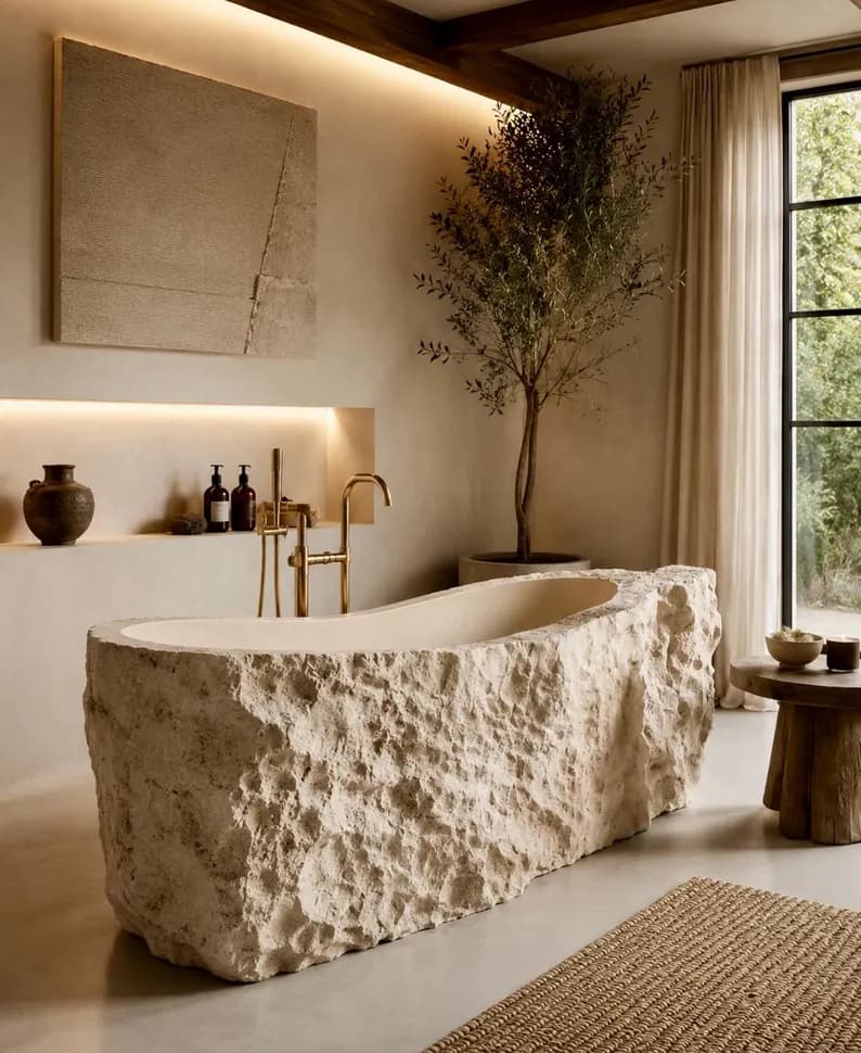 Hand Carved Natural Stone Bathtub, Organic Rough Stone Tub, Freestanding Limestone Bath, Luxury Spa Bathroom, Custom Stone Bathtub