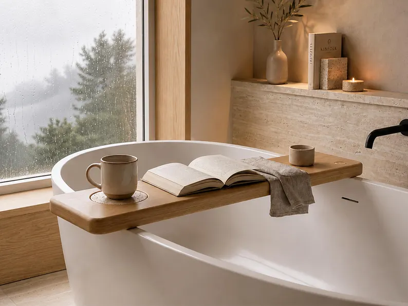 Solid White Oak Bath Tray, Extra Long Spa Bathtub Caddy, Non Slip Pads with Travertine Coaster