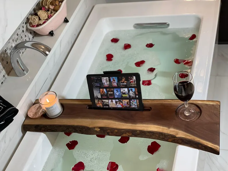 Bath Caddy | Luxurious personal spa made using Cherry or Walnut live edge boards and a water proof non-toxic finish.